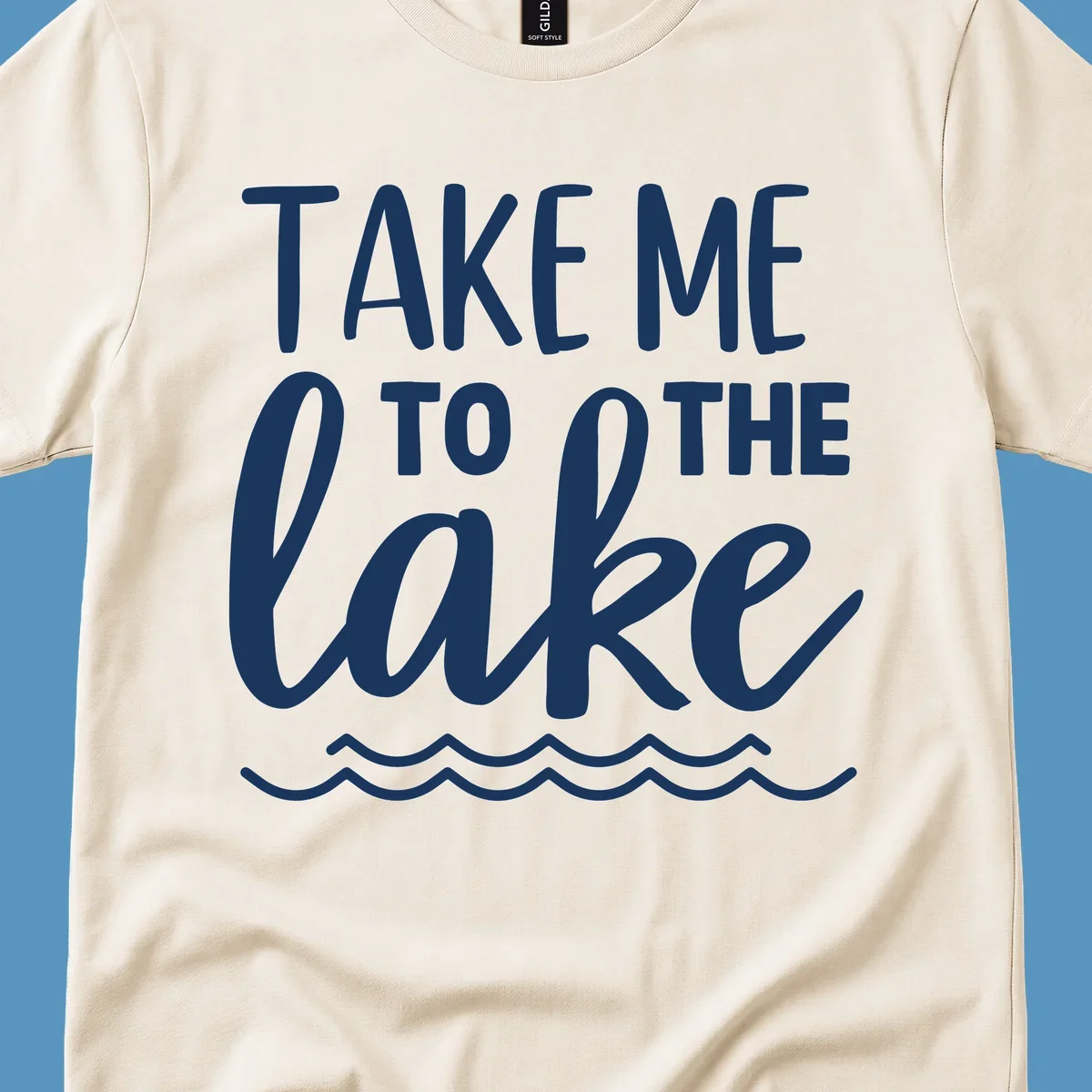 Take me to the lake text design with waves.