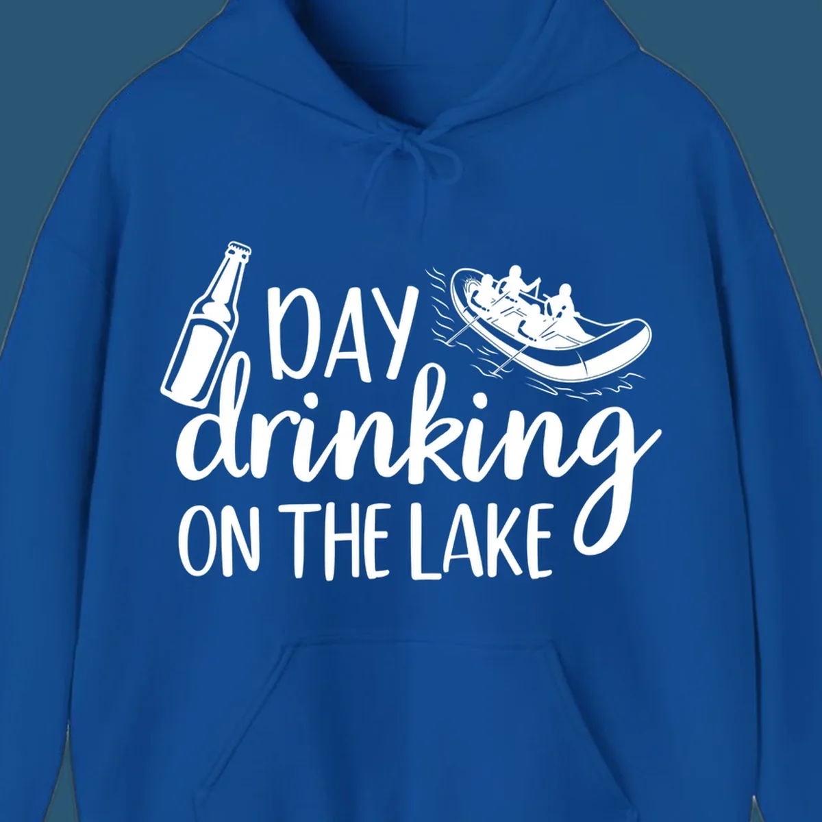 Text "Day Drinking On The Lake" with beer bottle and rafting boat illustration.