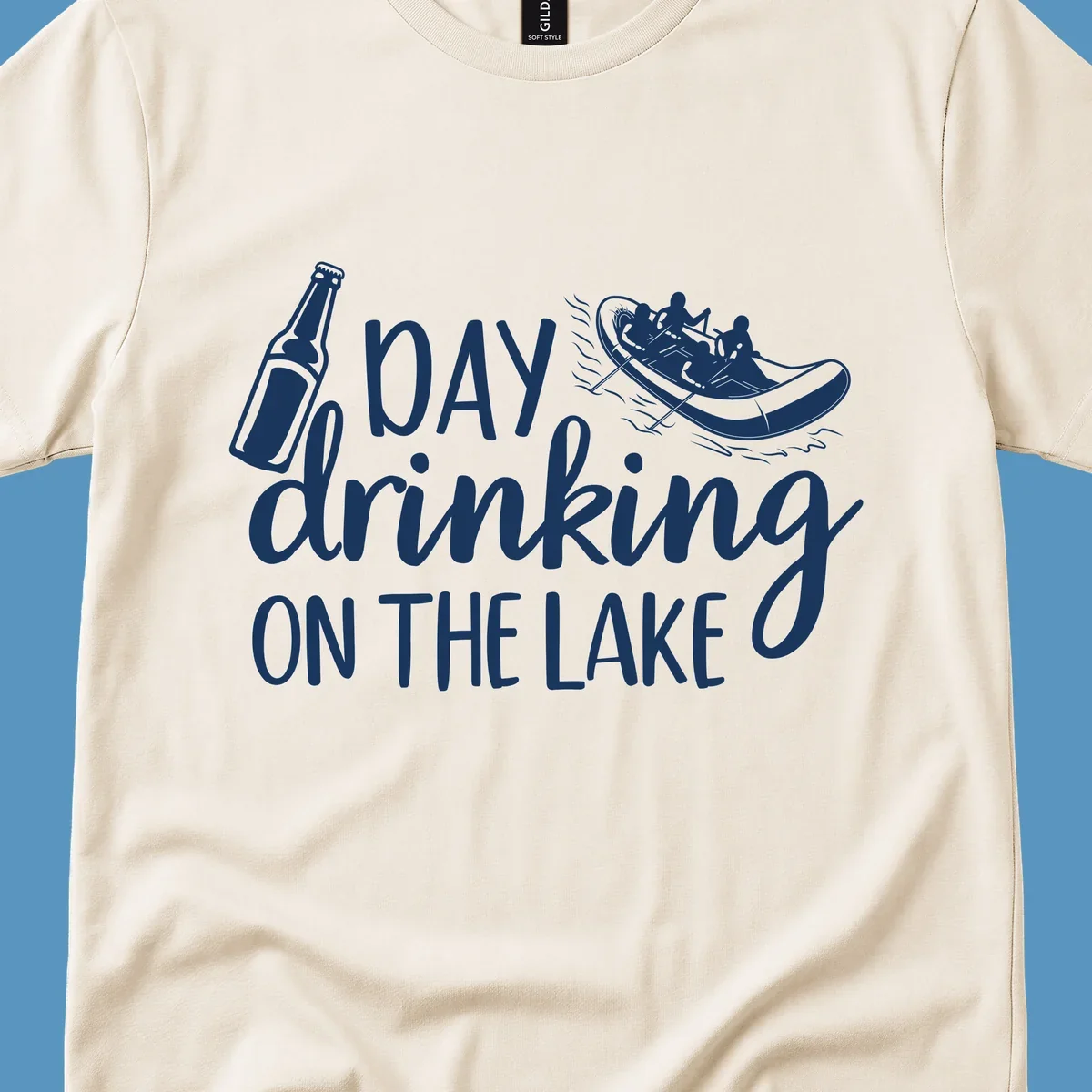 Text "Day Drinking On The Lake" with beer bottle and rafting boat illustration.