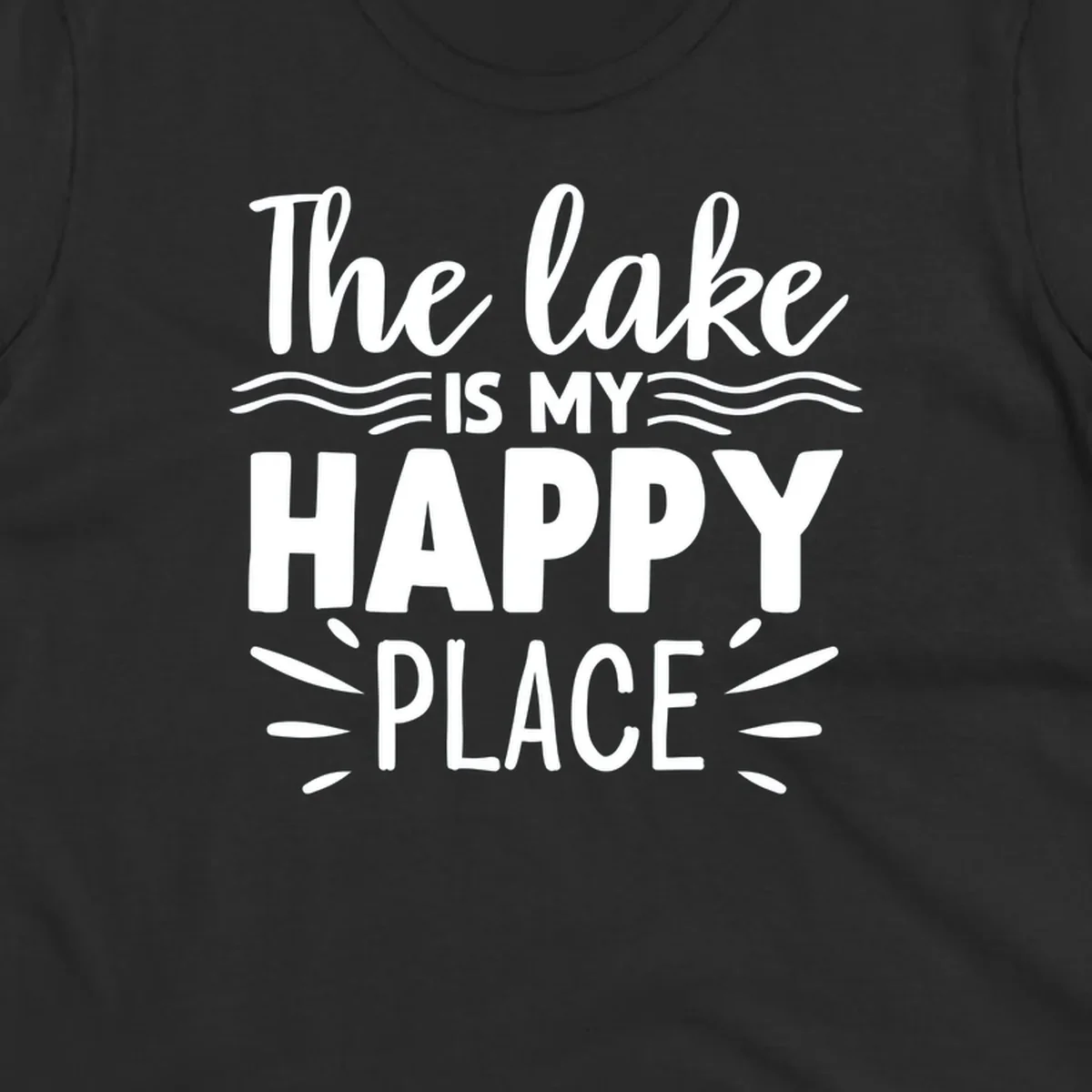 The lake is my happy place text design with wave and sun ray graphics.