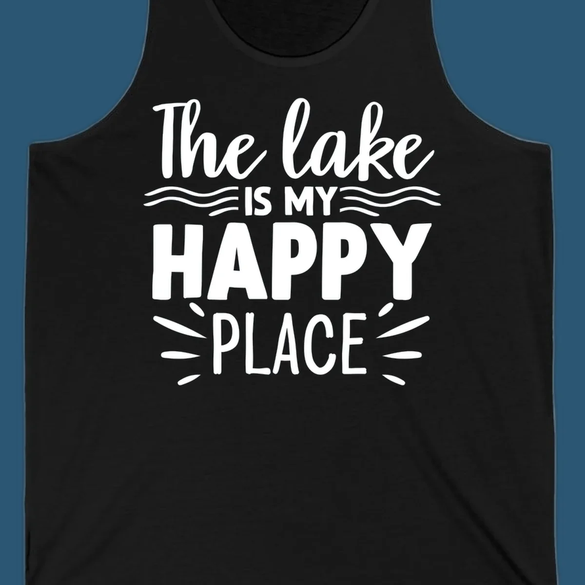 The lake is my happy place text design with wave and sun ray graphics.
