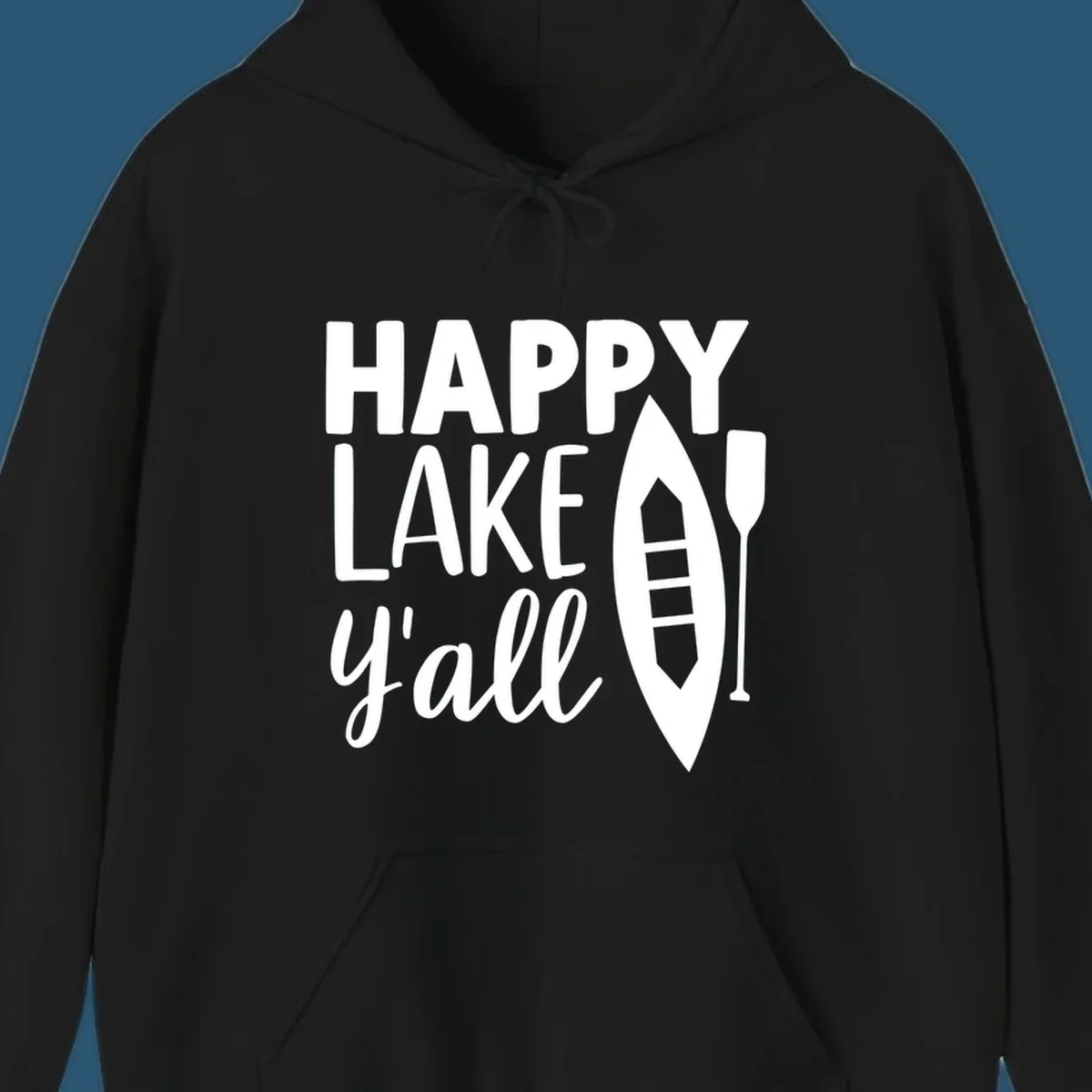 Happy lake y'all text with canoe and paddle graphic.