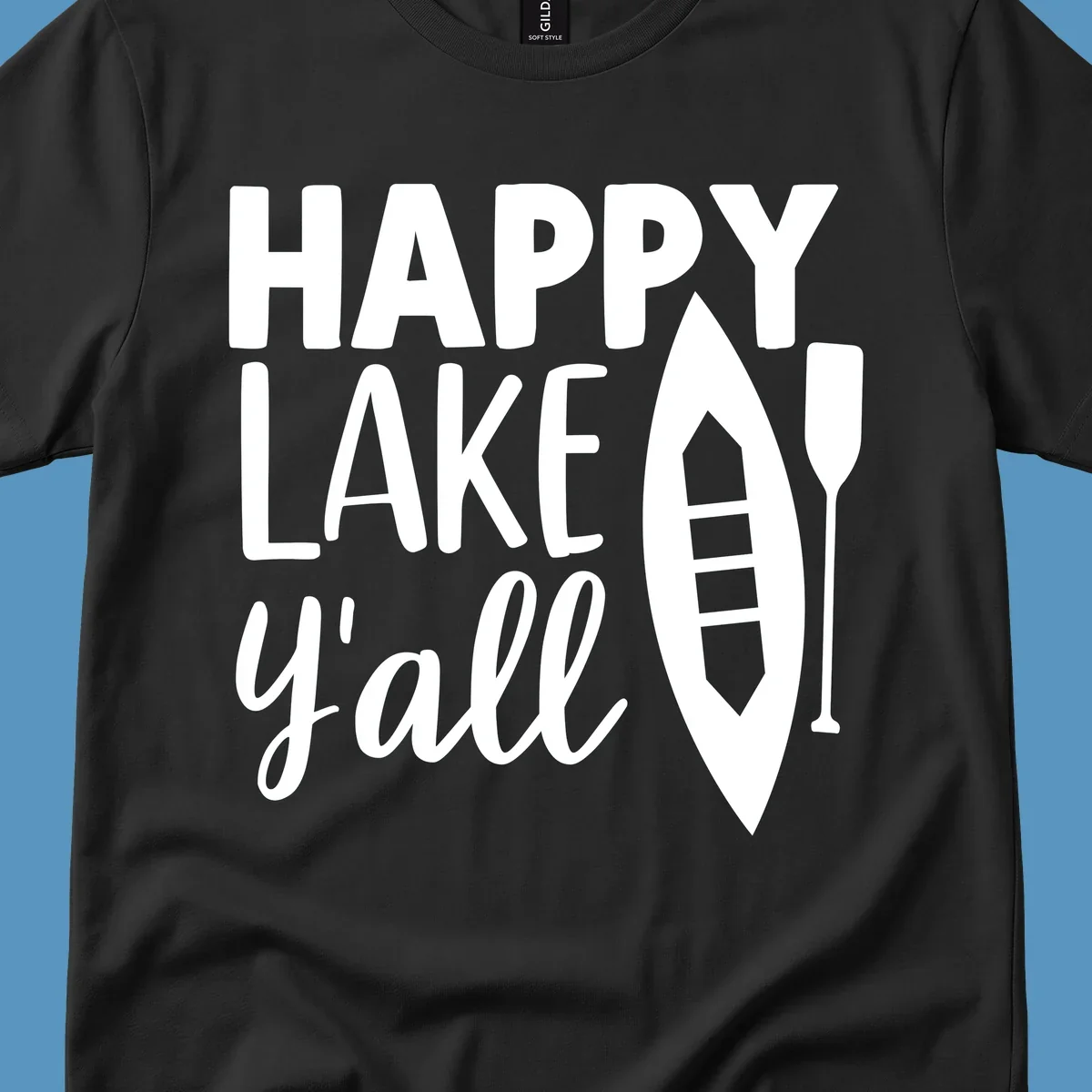 Happy lake y'all text with canoe and paddle graphic.