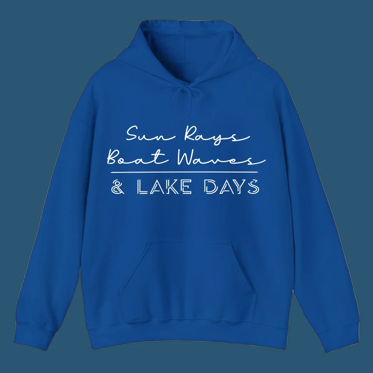 Lake days design with sun rays, boat waves, and '& LAKE DAYS' text.