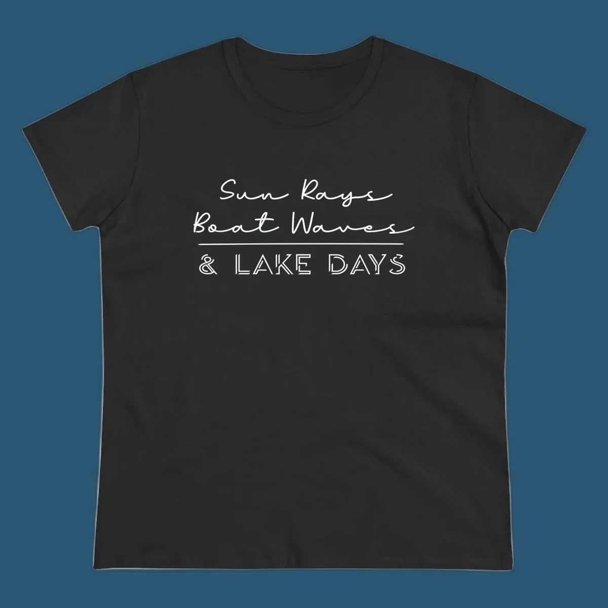 Lake days design with sun rays, boat waves, and '& LAKE DAYS' text.