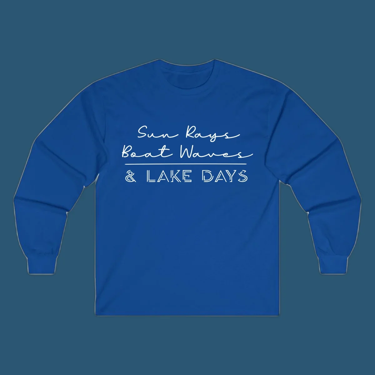 Lake days design with sun rays, boat waves, and '& LAKE DAYS' text.