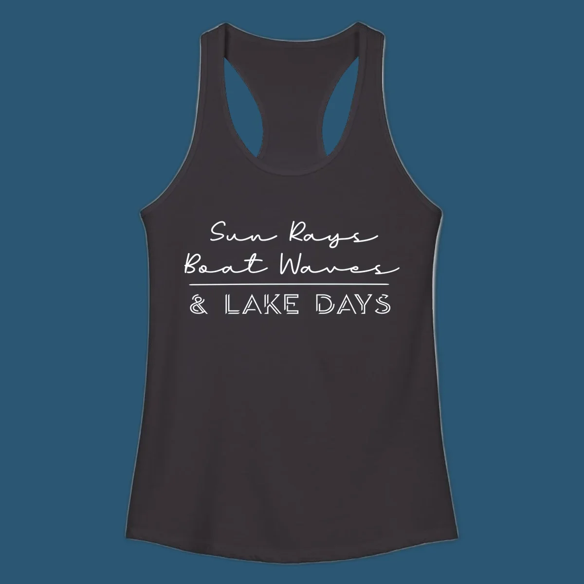 Lake days design with sun rays, boat waves, and '& LAKE DAYS' text.