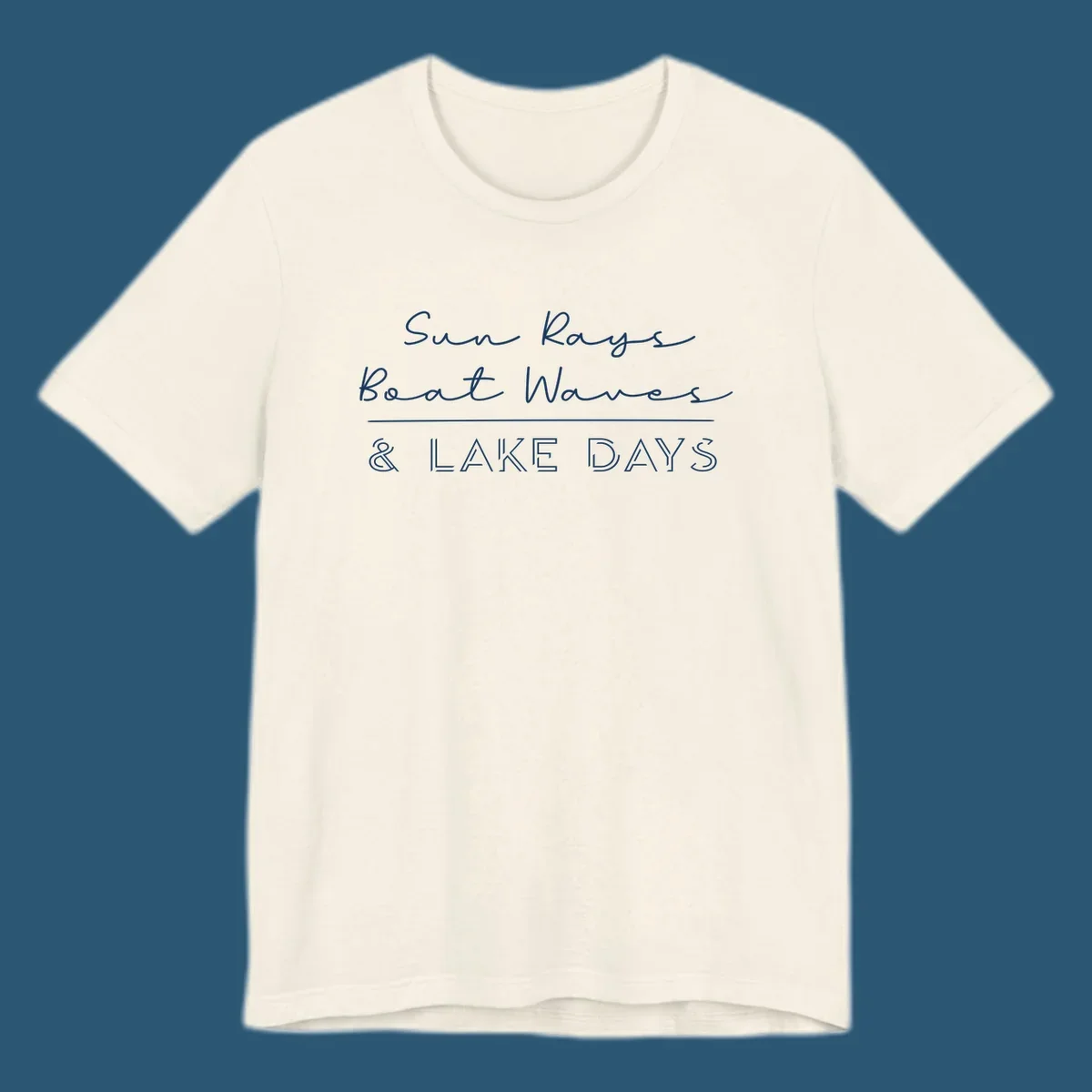 Lake days design with sun rays, boat waves, and '& LAKE DAYS' text.
