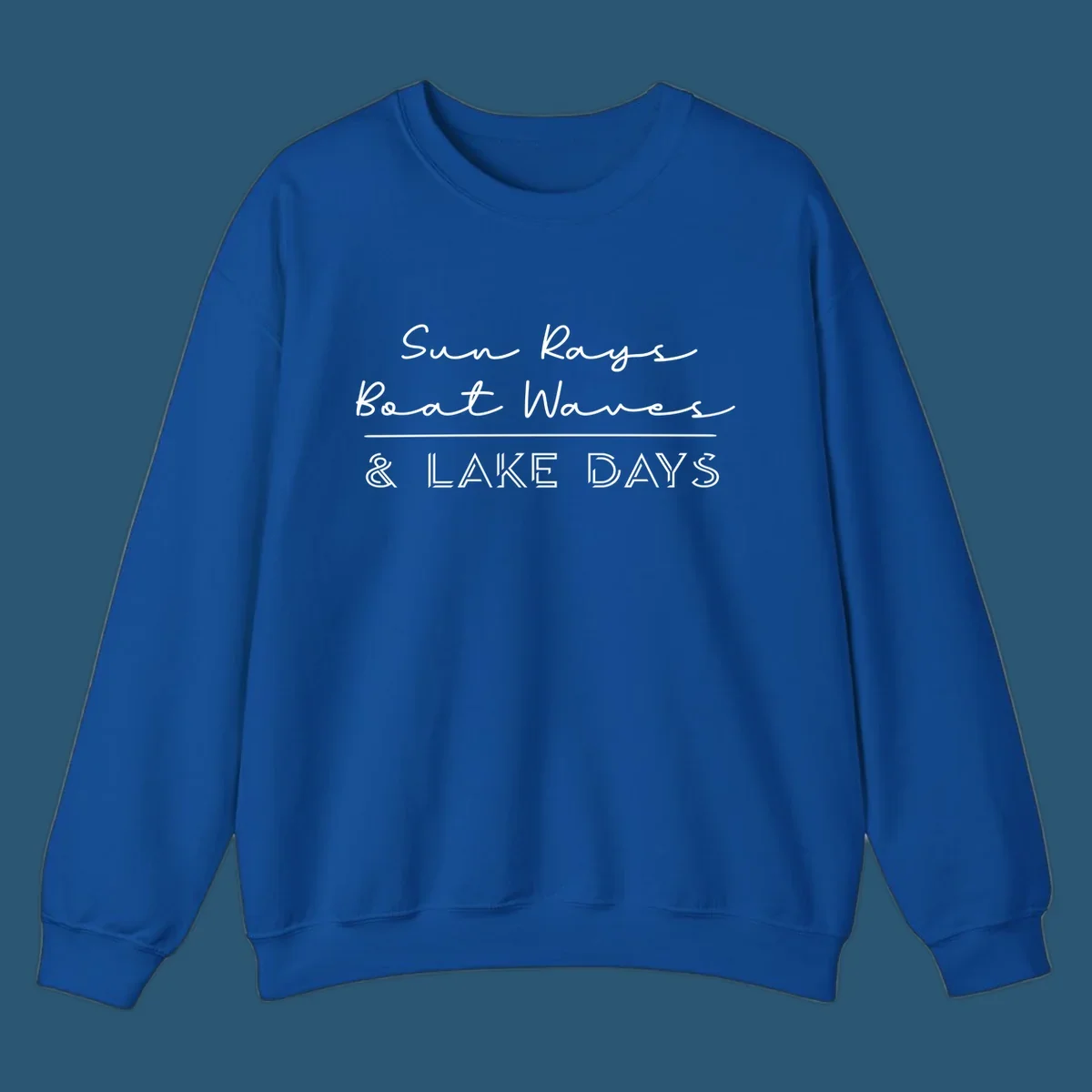 Lake days design with sun rays, boat waves, and '& LAKE DAYS' text.