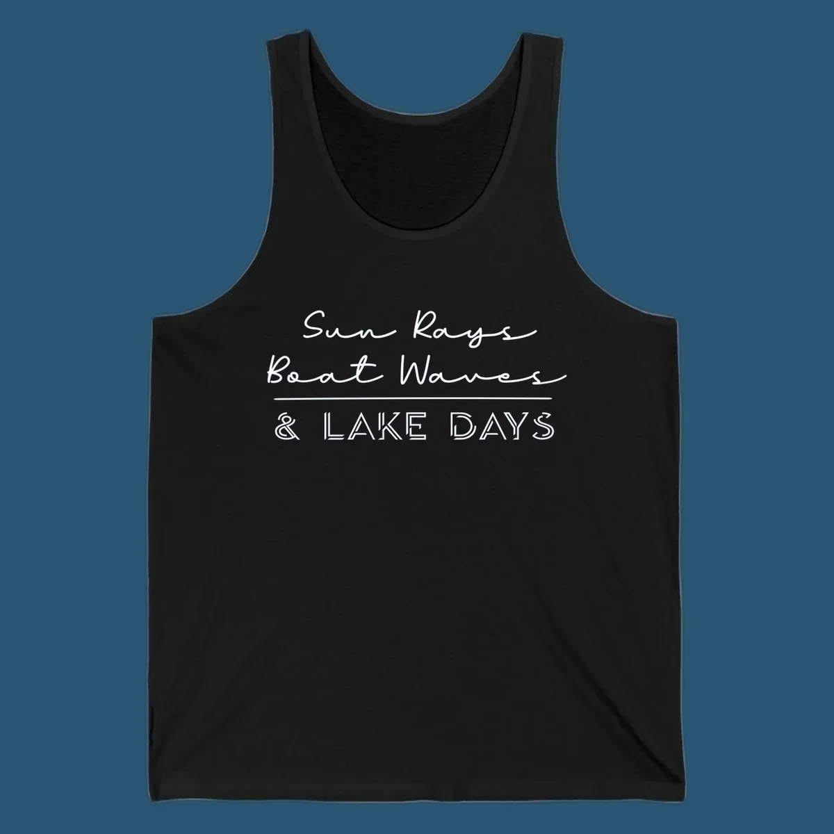 Lake days design with sun rays, boat waves, and '& LAKE DAYS' text.