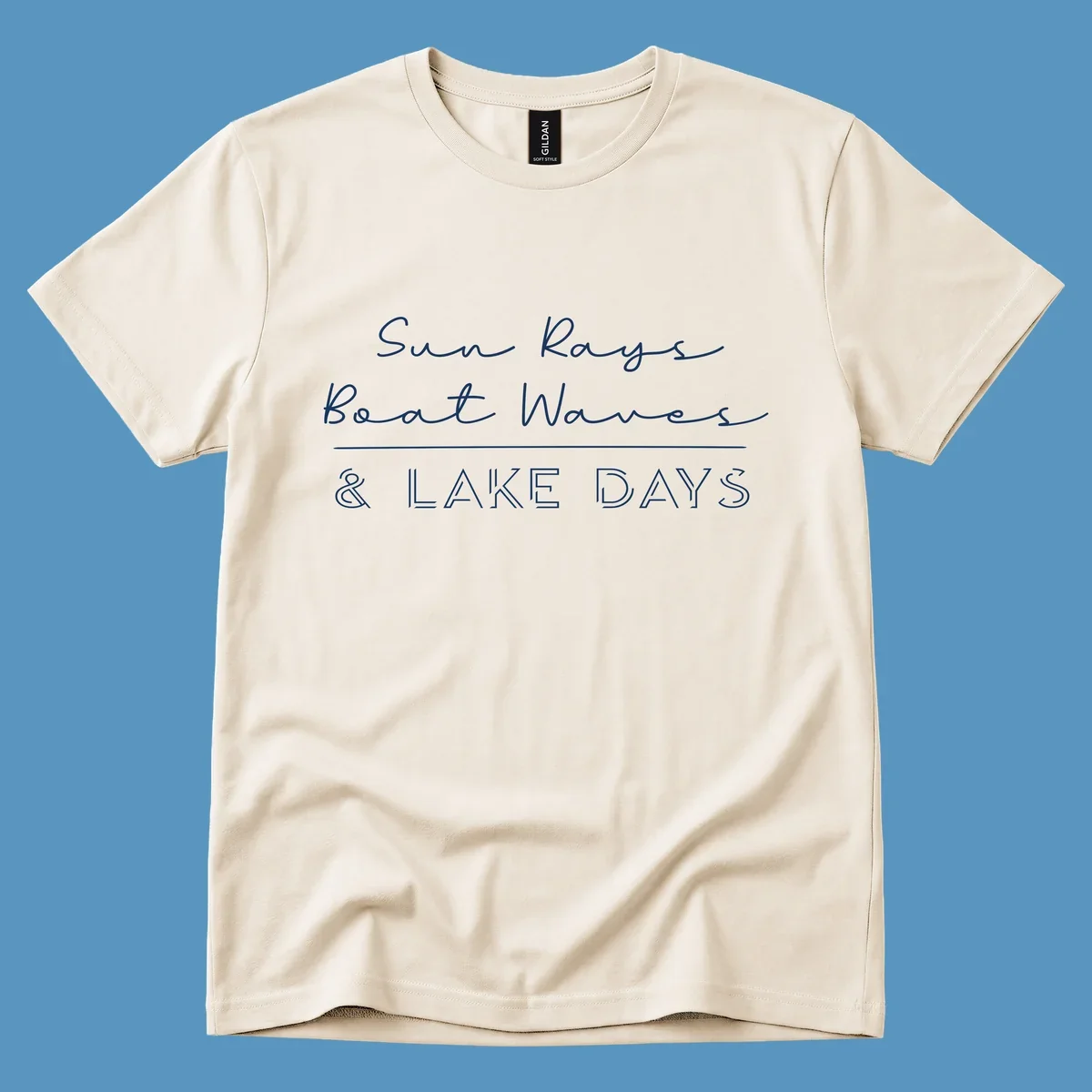 Lake days design with sun rays, boat waves, and '& LAKE DAYS' text.