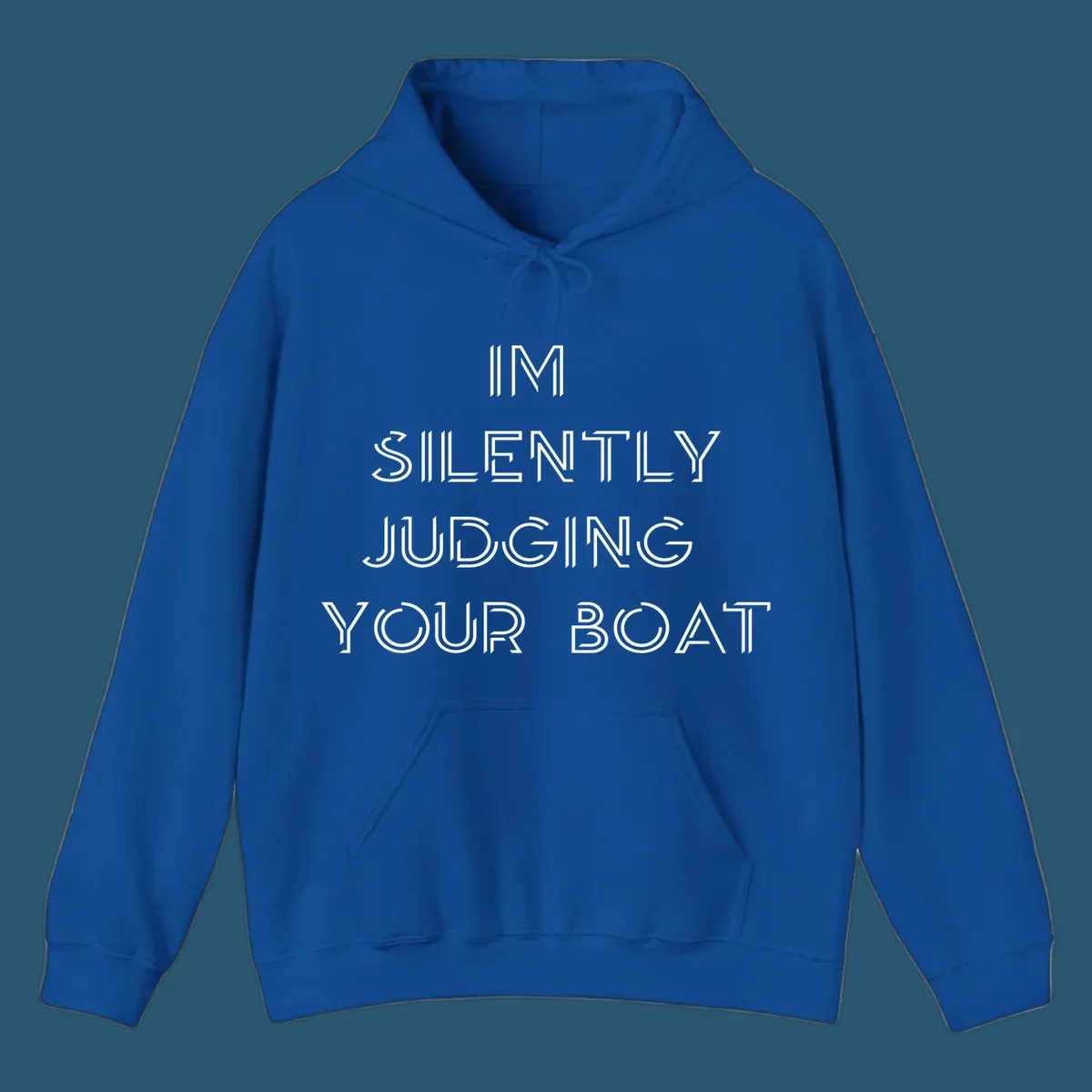 Text design 'IM SILENTLY JUDGING YOUR BOAT' in a stylized font, white on black and navy on white.