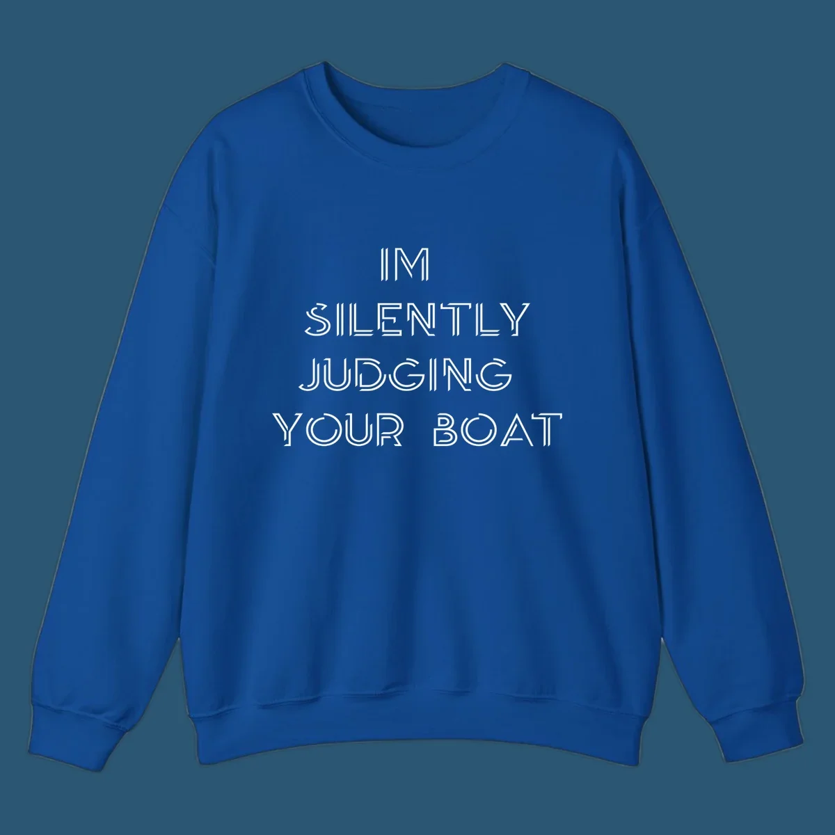 Text design 'IM SILENTLY JUDGING YOUR BOAT' in a stylized font, white on black and navy on white.