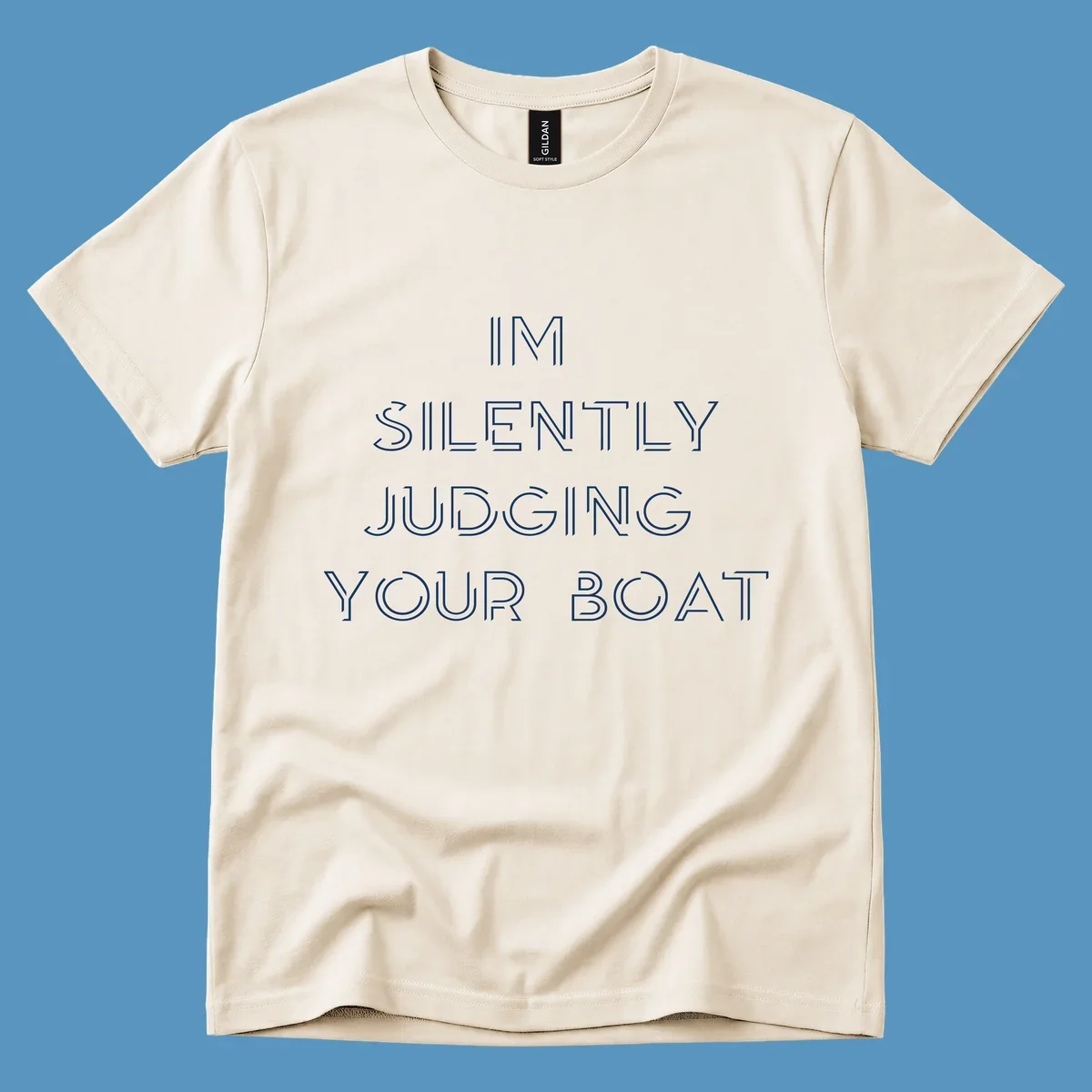 Text design 'IM SILENTLY JUDGING YOUR BOAT' in a stylized font, white on black and navy on white.