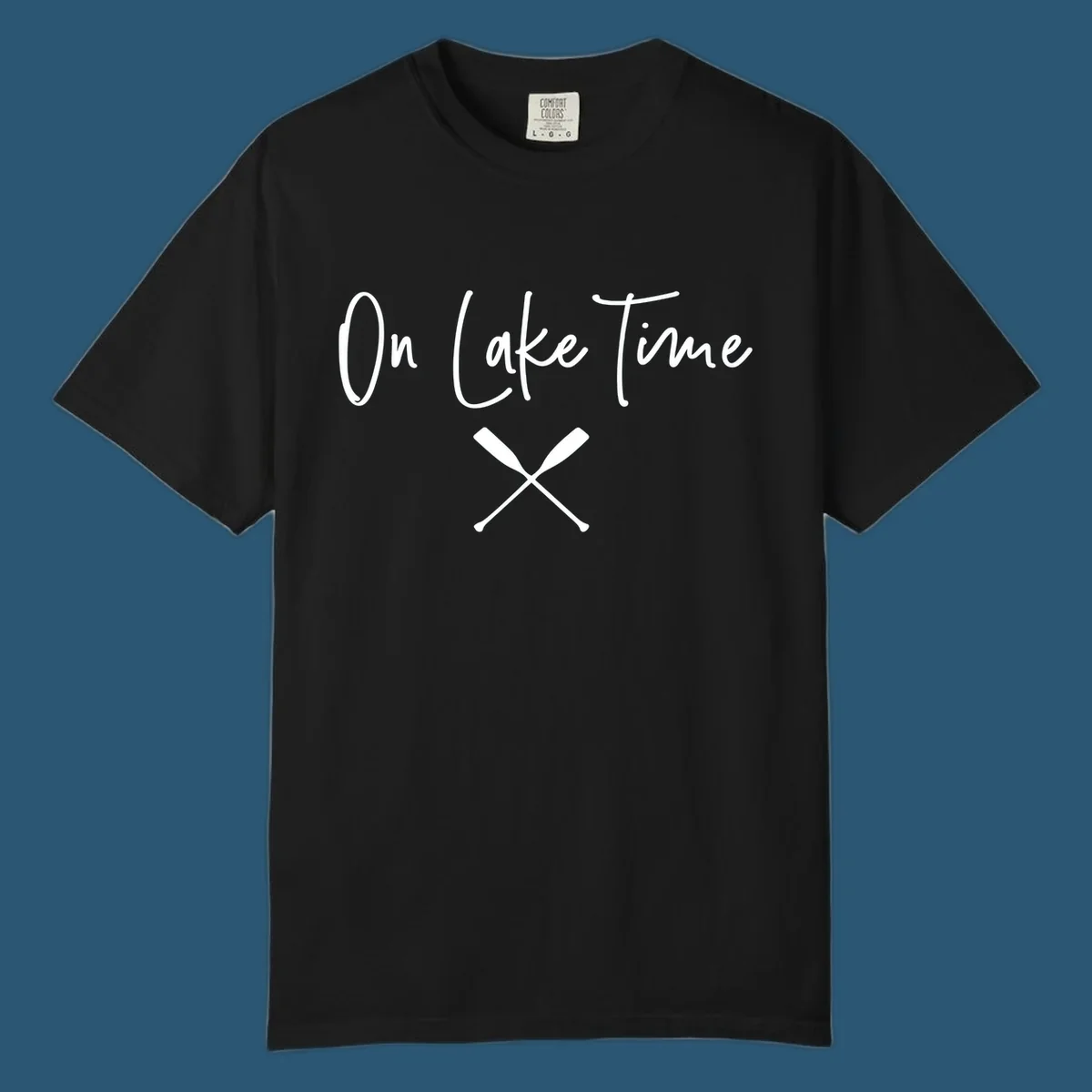 On Lake Time text with crossed oars graphic.