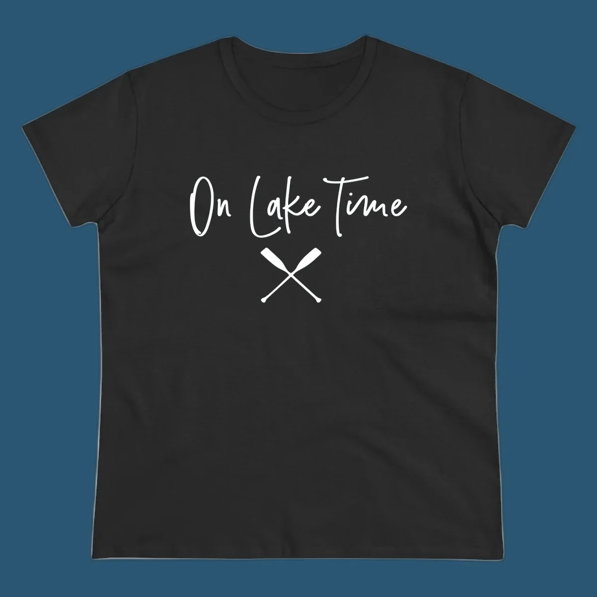 On Lake Time text with crossed oars graphic.