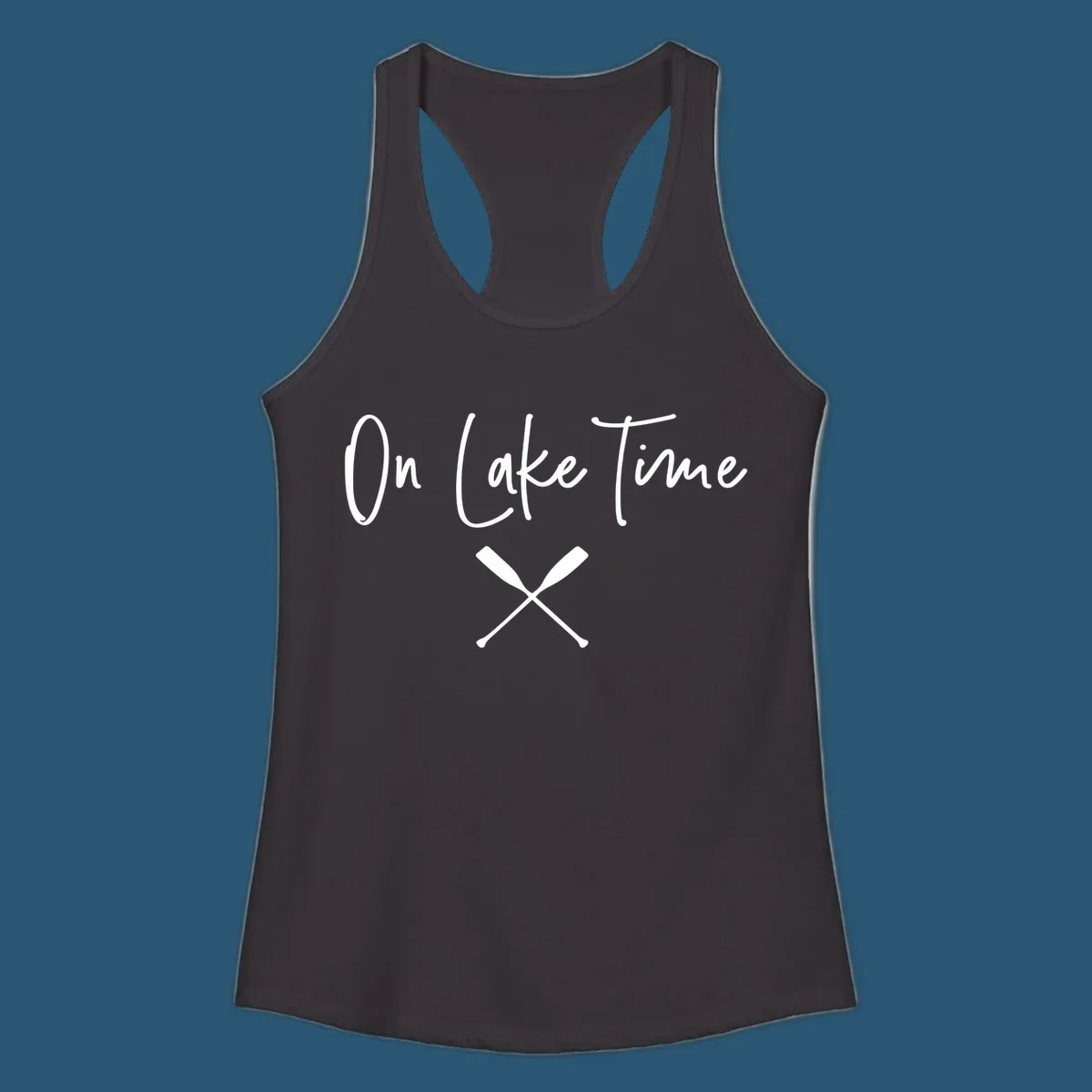On Lake Time text with crossed oars graphic.