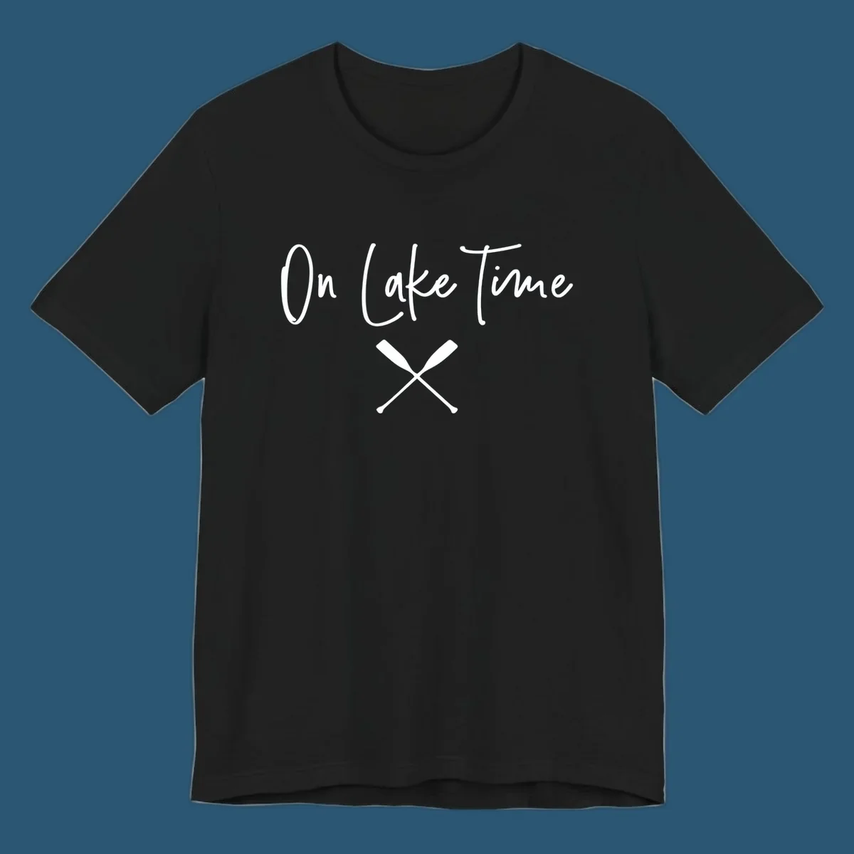 On Lake Time text with crossed oars graphic.