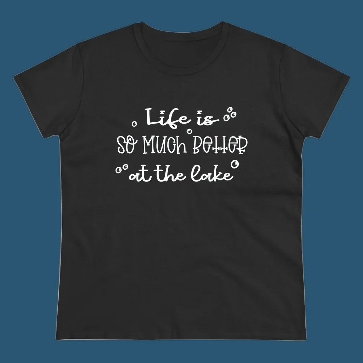 Typography design that reads 'Life is so much better at the lake' with bubble accents, lake-life-better.
