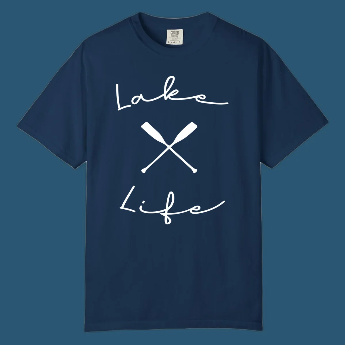 Lake life text with crossed oars graphic