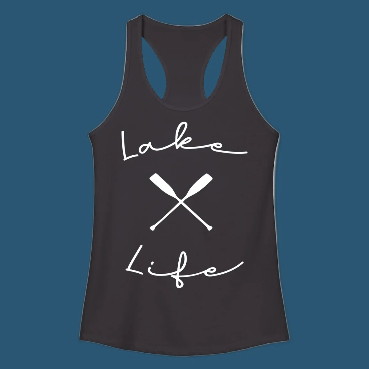 Lake life text with crossed oars graphic