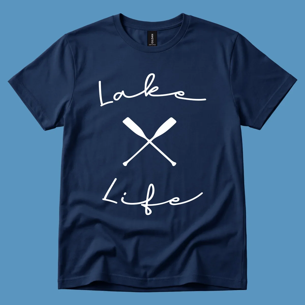 Lake life text with crossed oars graphic
