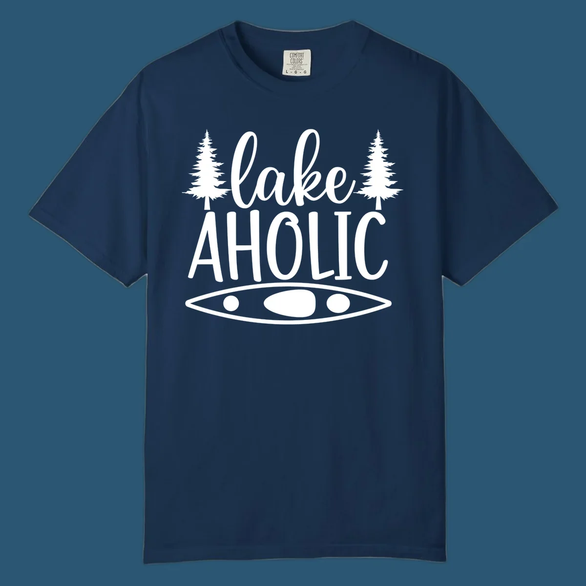 Lakeaholic kayak and trees design. Text and graphic elements for lake lovers.