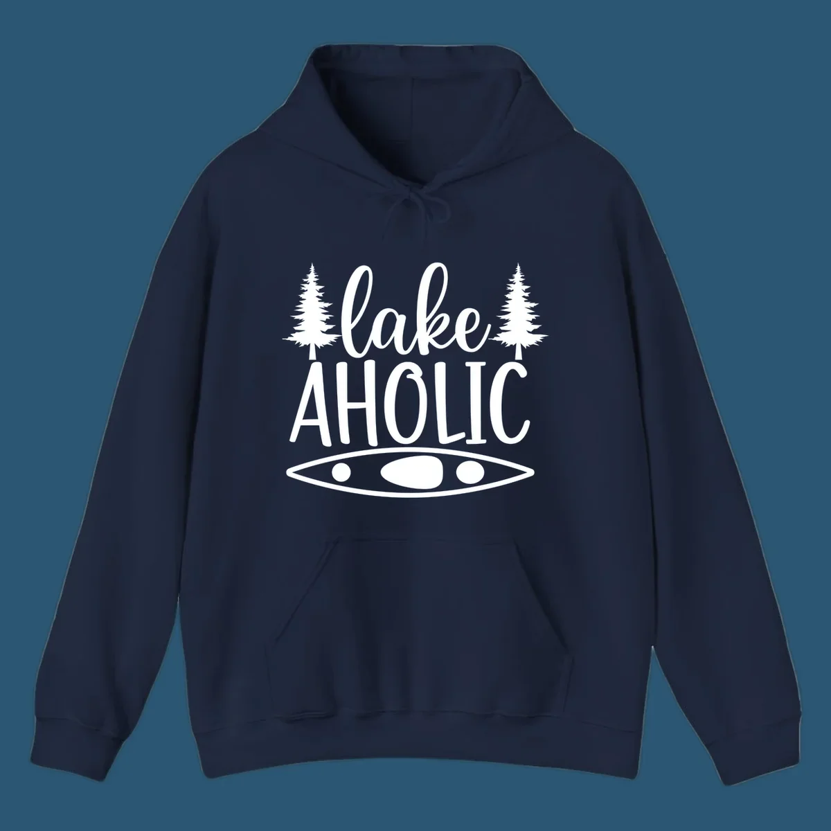 Lakeaholic kayak and trees design. Text and graphic elements for lake lovers.