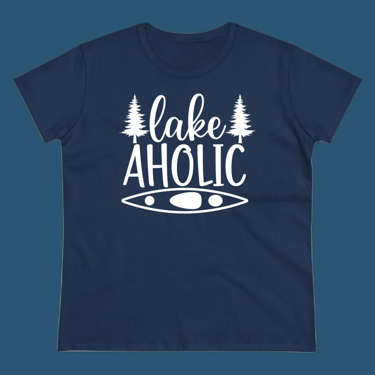 Lakeaholic kayak and trees design. Text and graphic elements for lake lovers.