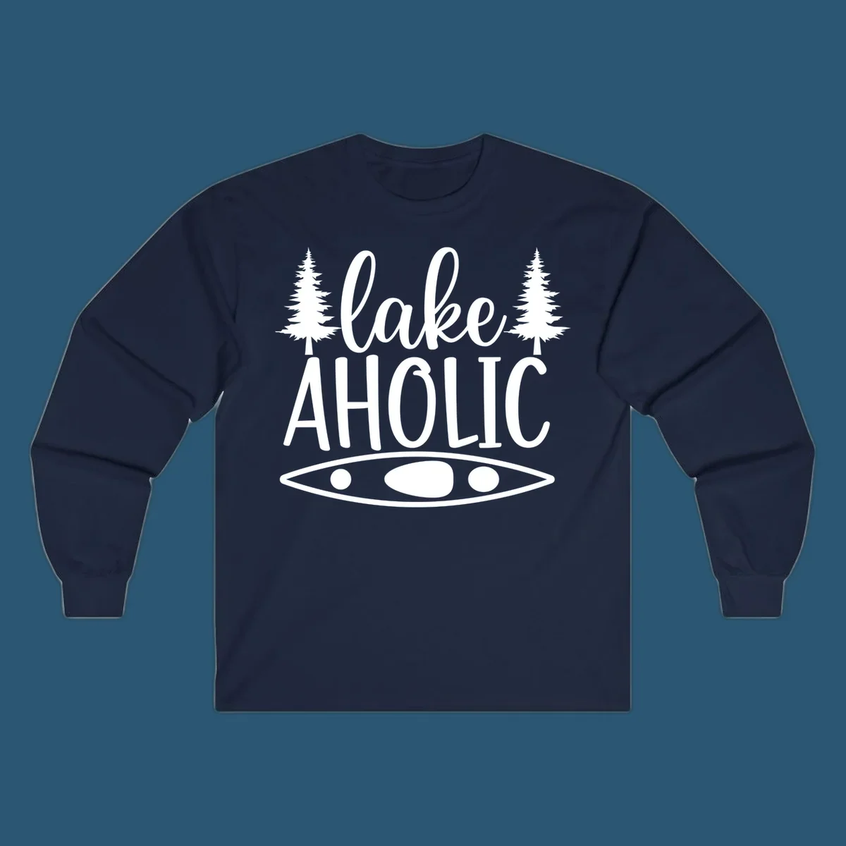Lakeaholic kayak and trees design. Text and graphic elements for lake lovers.