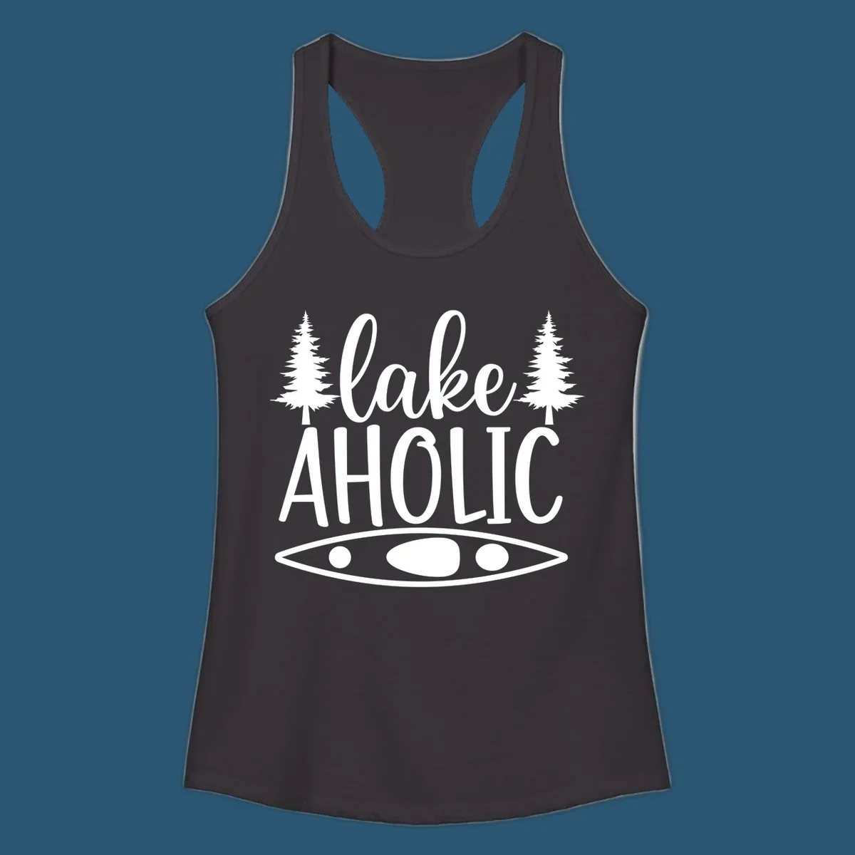 Lakeaholic kayak and trees design. Text and graphic elements for lake lovers.