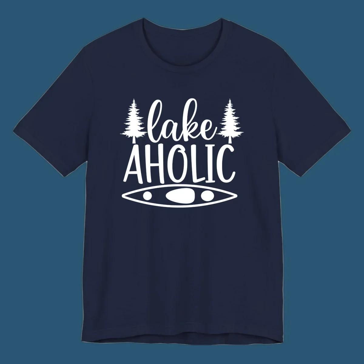 Lakeaholic kayak and trees design. Text and graphic elements for lake lovers.