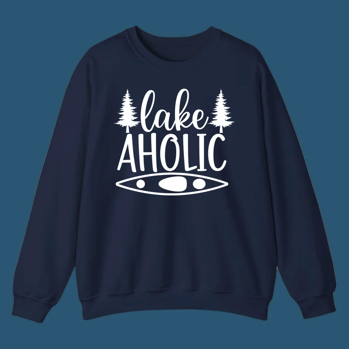 Lakeaholic kayak and trees design. Text and graphic elements for lake lovers.