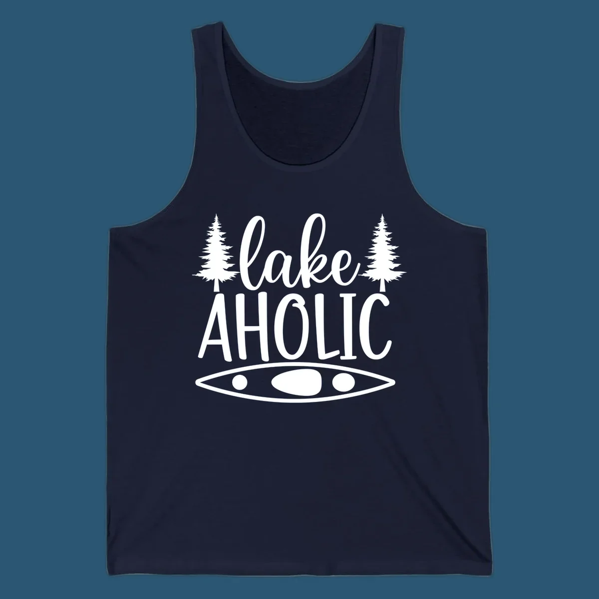 Lakeaholic kayak and trees design. Text and graphic elements for lake lovers.
