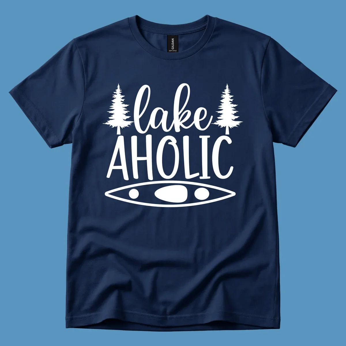 Lakeaholic kayak and trees design. Text and graphic elements for lake lovers.