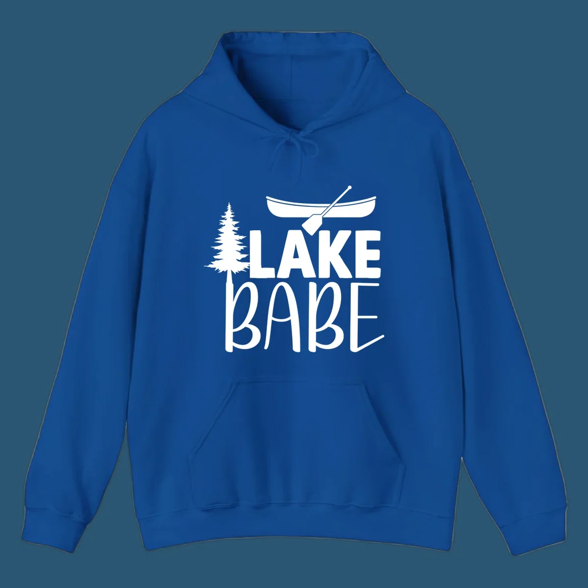 Lake Babe design with canoe, pine tree, and text. Lake-babe-style graphic.