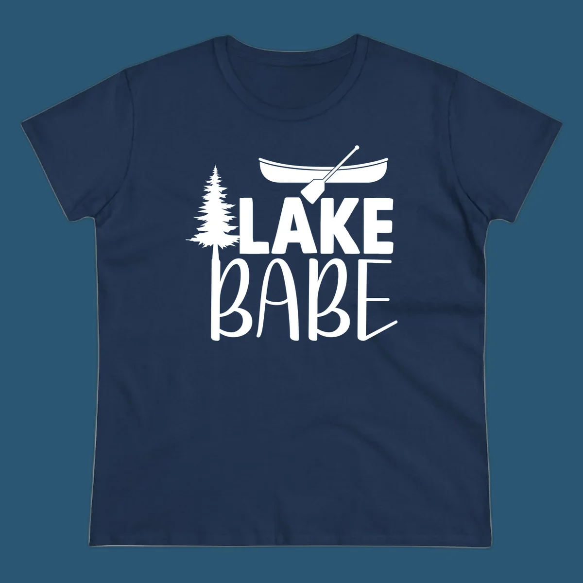 Lake Babe design with canoe, pine tree, and text. Lake-babe-style graphic.