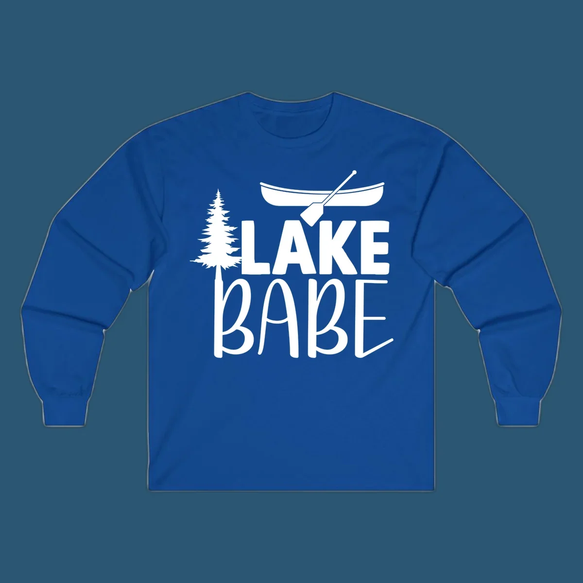 Lake Babe design with canoe, pine tree, and text. Lake-babe-style graphic.