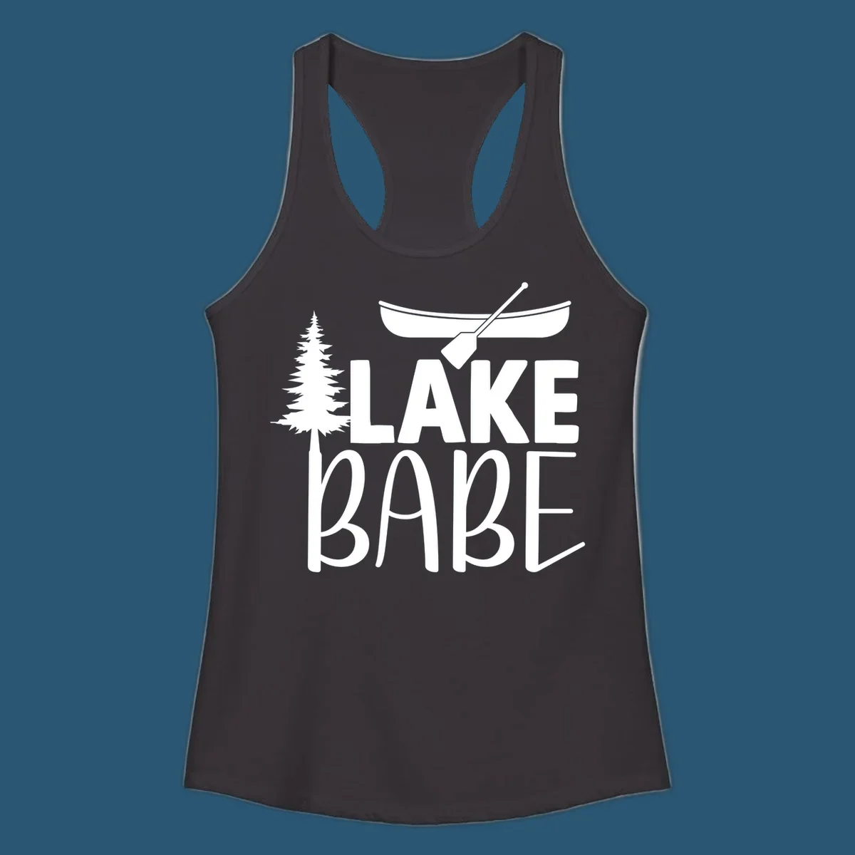 Lake Babe design with canoe, pine tree, and text. Lake-babe-style graphic.