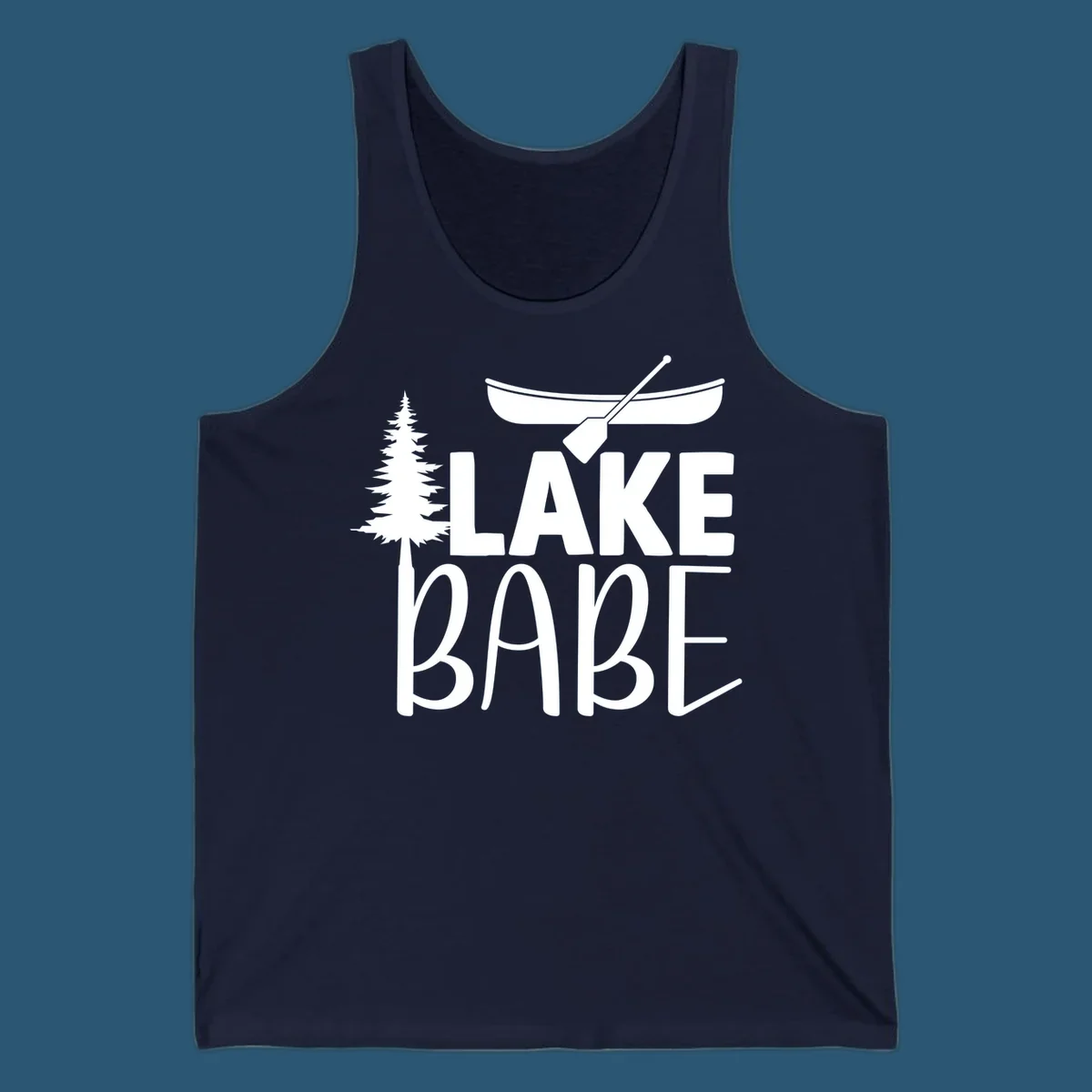 Lake Babe design with canoe, pine tree, and text. Lake-babe-style graphic.