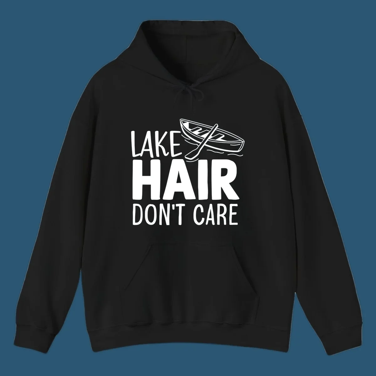 Lake Hair Don't Care graphic with rowboat and oars.