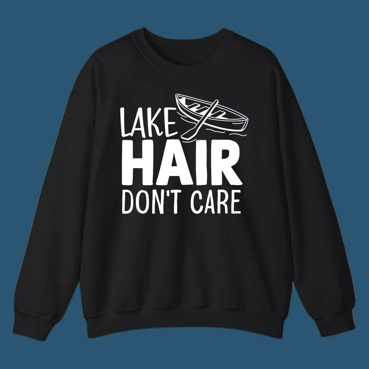 Lake Hair Don't Care graphic with rowboat and oars.