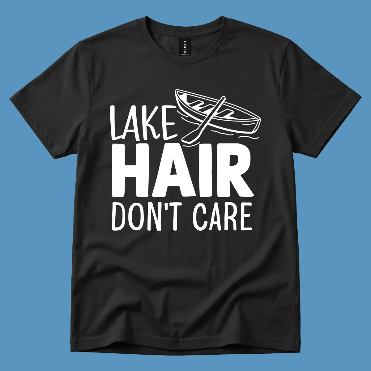 Lake Hair Don't Care graphic with rowboat and oars.