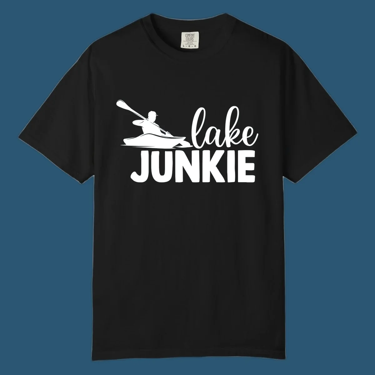 Lake junkie kayak silhouette design with script and block text. lake-junkie-kayak.
