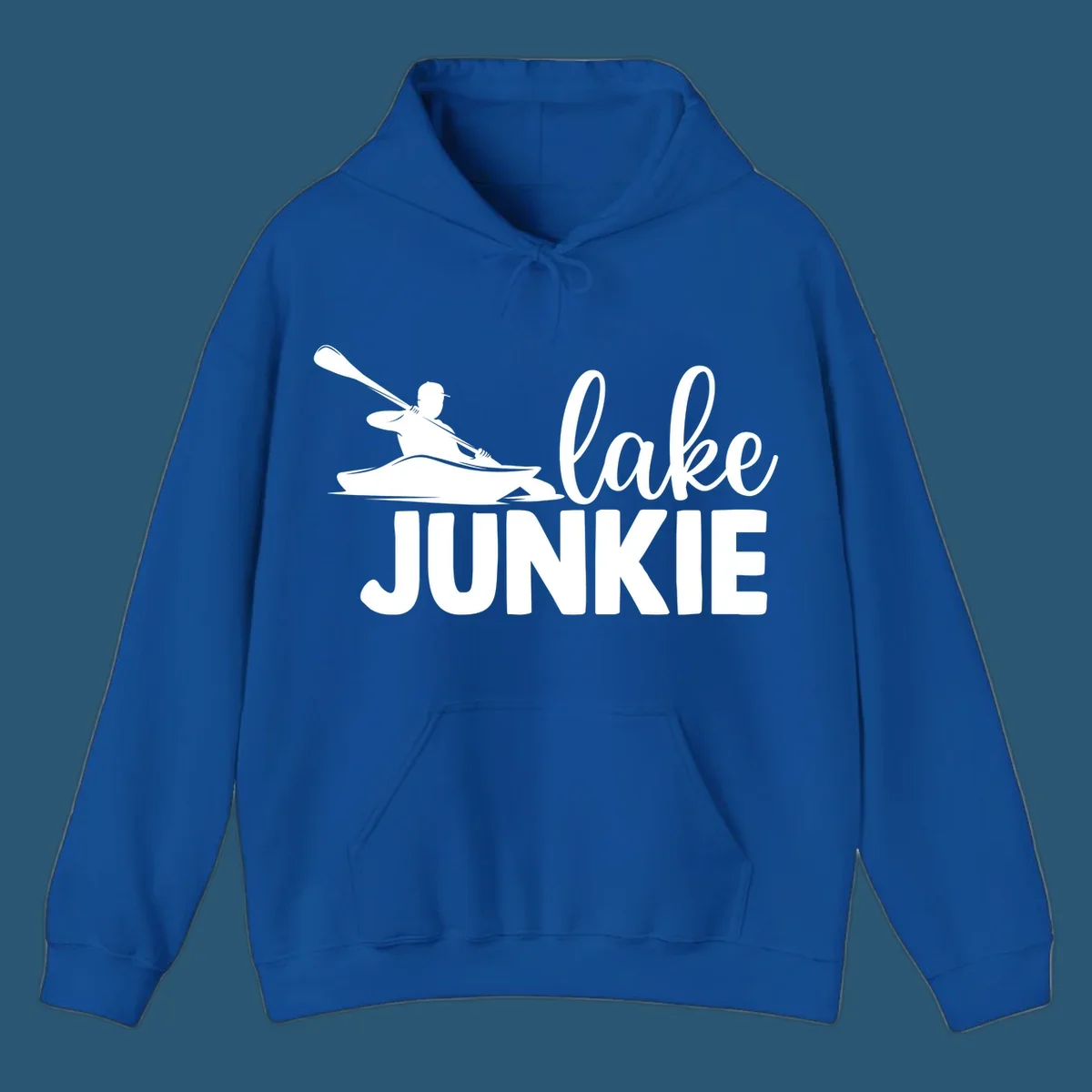 Lake junkie kayak silhouette design with script and block text. lake-junkie-kayak.