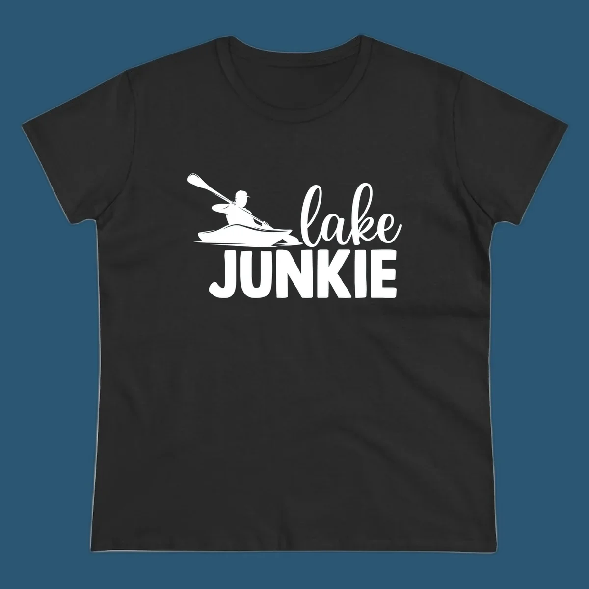 Lake junkie kayak silhouette design with script and block text. lake-junkie-kayak.
