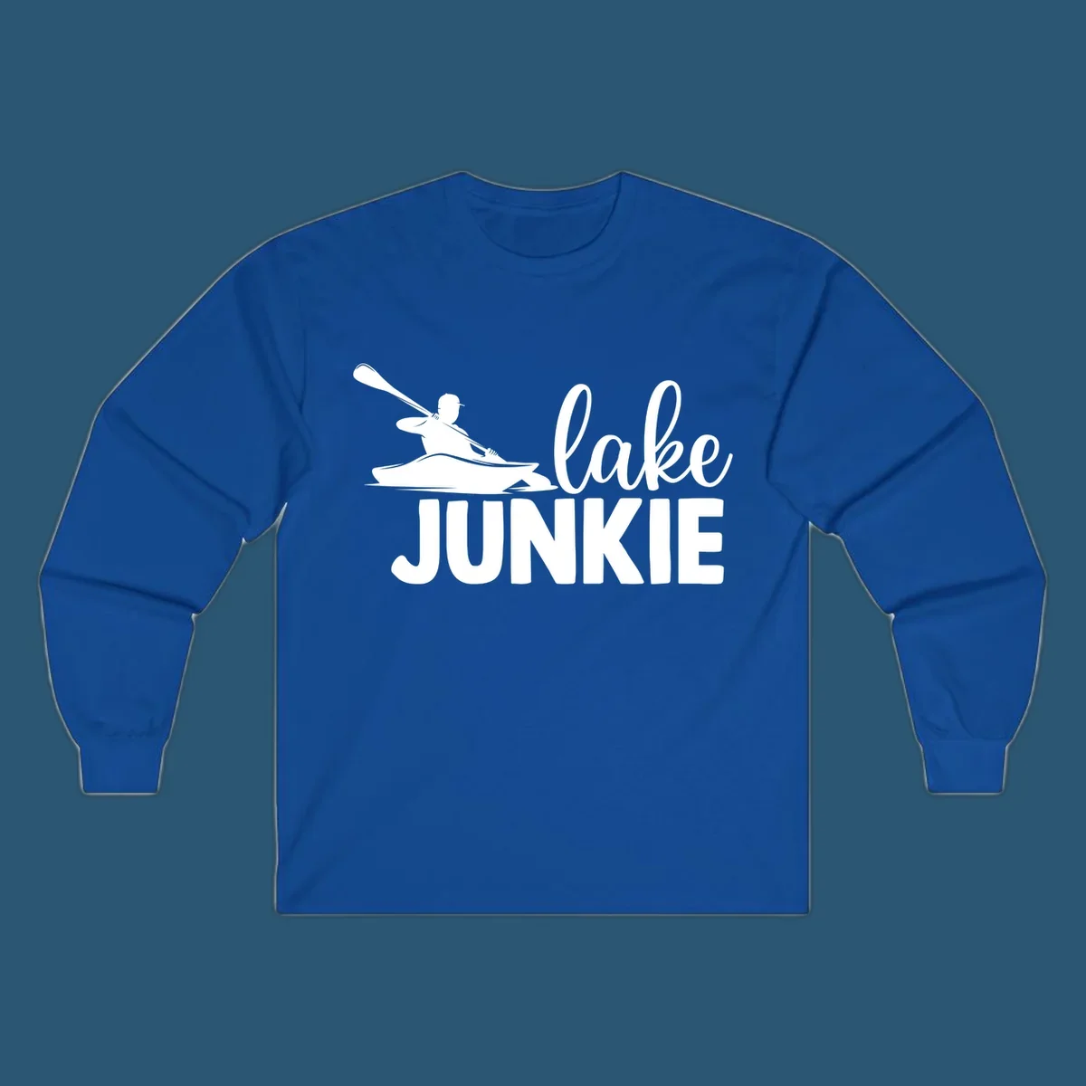 Lake junkie kayak silhouette design with script and block text. lake-junkie-kayak.