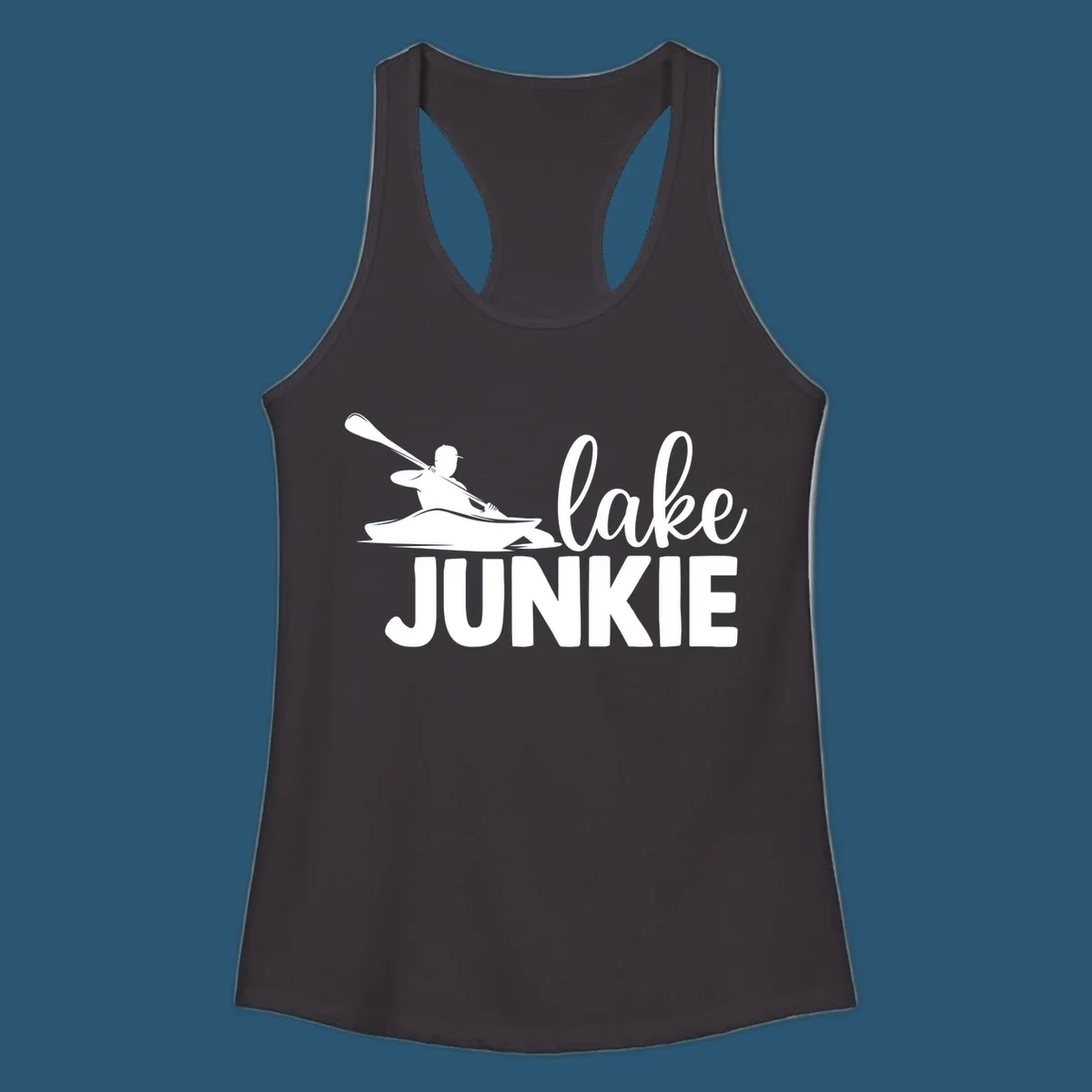 Lake junkie kayak silhouette design with script and block text. lake-junkie-kayak.