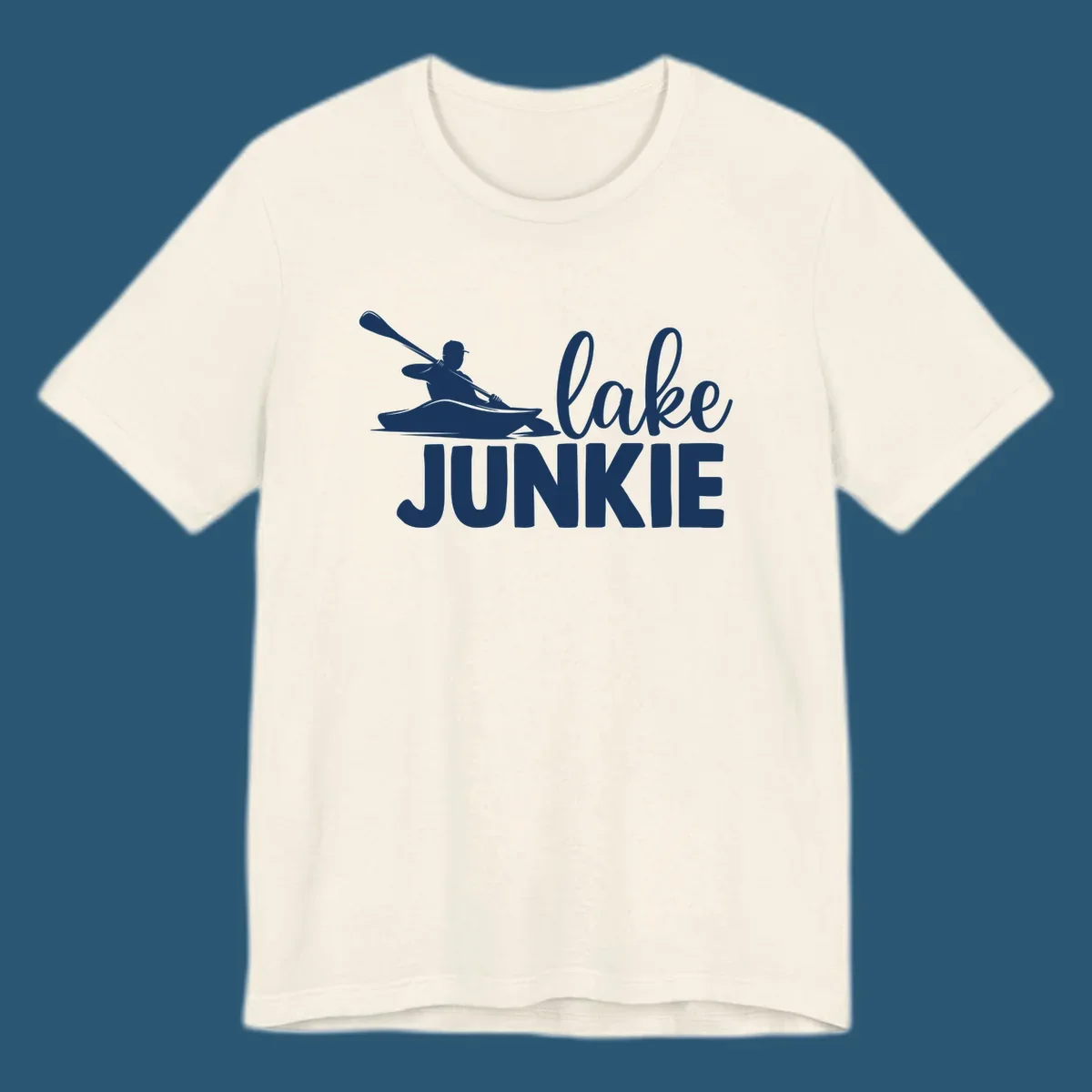 Lake junkie kayak silhouette design with script and block text. lake-junkie-kayak.