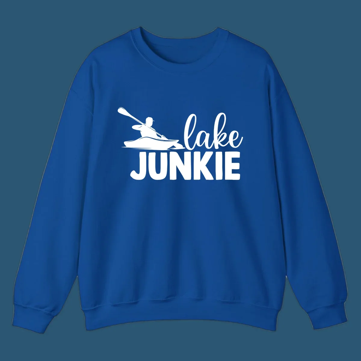 Lake junkie kayak silhouette design with script and block text. lake-junkie-kayak.